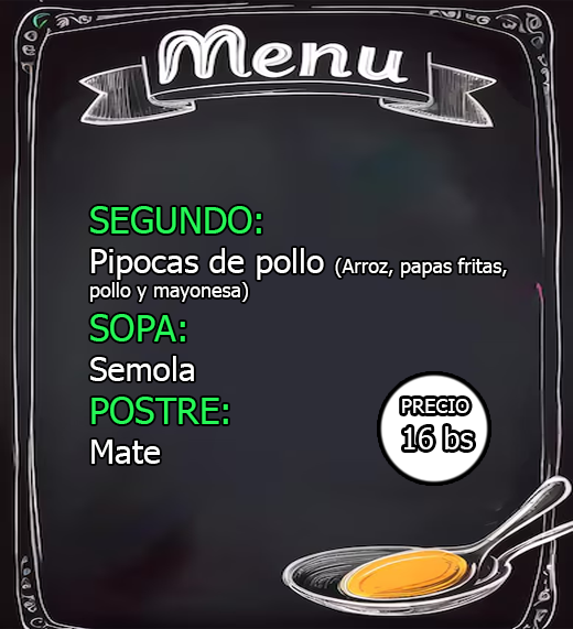 almuerzo: con la tarjeta COMERBO, precio 14bs